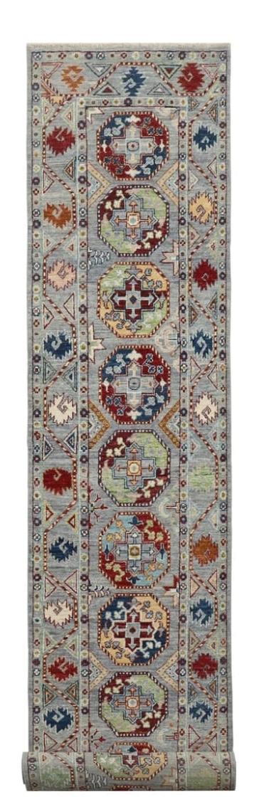 Handwoven Kazak Runner Rug – Grey Geometric Pattern