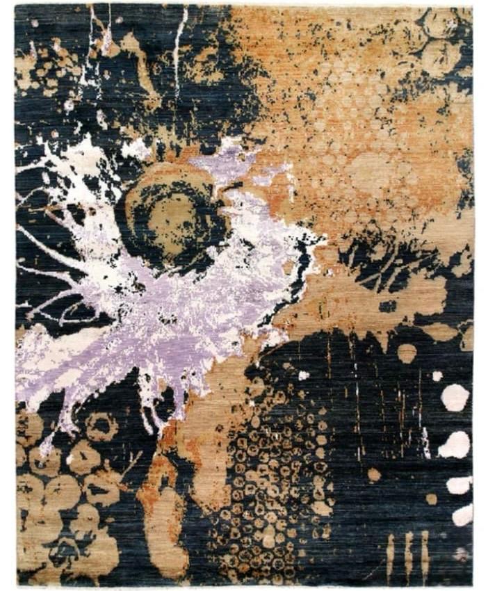 Abstract Dark Navy and Gold Contemporary Art Rug