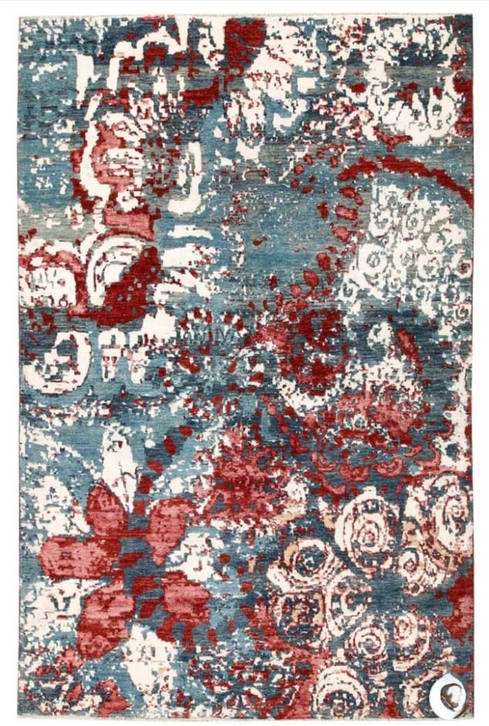 Vintage Abstract Distressed Blue Red Rug